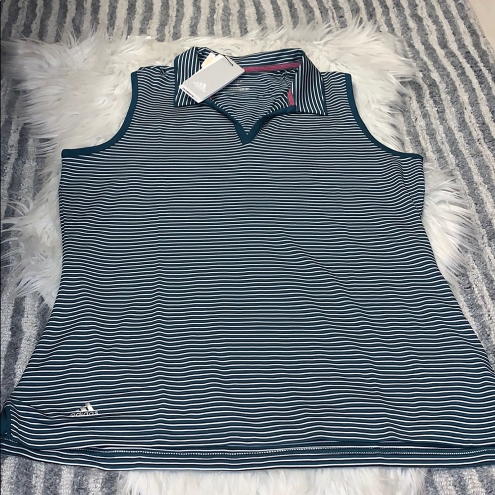 adidas Women's Navy and White Striped Sleeveless Polo Tank